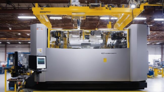 "Precision CNC machining process with a close-up view of cutting tool in action, creating high-quality metal parts with accuracy and precision.