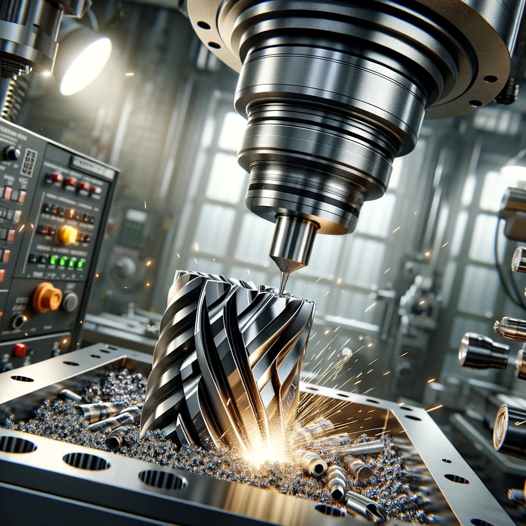 DALL·E 2024-05-14 10.24.48 – A realistic industrial machine shop scene with a high-precision 8 flute endmill cutting into a titanium part. The environment is detailed and authenti